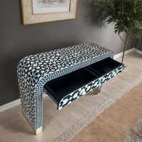 Table d'appoint ronde moderne faite à la main avec incrustations en os et motifs géométriques, à poser au sol, pour baptême et décoration de salon