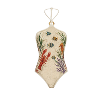 Maillot de bain une pièce brodé de perles motif citron et fleurs, sans manches, pour femme, col rond, collection été – Grande Vente