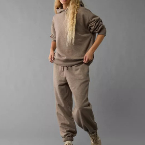 Sweat-shirt à capuche surdimensionné pour femme, marron uni, mélange de coton, tricoté, manches longues, vêtements décontractés d'automne - Product Image 6
