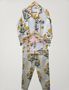 Premium Women's Cotton Floral Hand Block Printed Elegant 2-Piece Night Suit Long Sleeve Notch Collar Button-<b>Down</b> Full-Length - Product Image 2