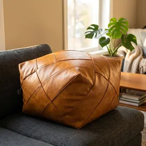 Tan Brown Leather Patchwork Pouf Ottoman Square Floor Cushion Soft Footrest for Living Room <b>Bedroom</b> Lounge Home Decor - Product Image 4