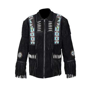 Chaqueta Bomber Negra de Gamuza con Flecos para Mujer, Bordado Geométrico con Cuentas, Cierre de Cremallera, Cuello Camisero, Transpirable - Product Image 1