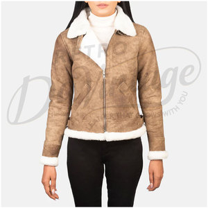 Chaqueta de aviador de cuero genuino desgastado color canela para mujer, con ribete de piel sintética blanca, corte ajustado, piel de oveja premium, abrigo de invierno estilo motero - Product Image 6