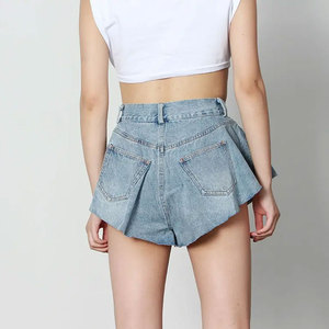 Jupe-short en jean taille haute pour femme, décontractée, en tissu de coton délavé, avec poches et fermeture boutonnée - Product Image 3