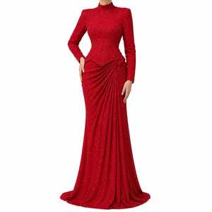 Robe longue moulante en tweed avec perles, paillettes et strass pour femme |   Robe de soirée de créateur à col montant et taille naturelle, jupe drapée, hiver - Product Image 1
