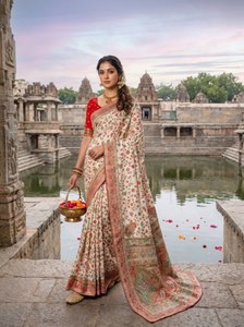 Golden Flora Royal Blossom Aura Luxe Elite Tissue Timeless Elegance Collections Traditional Wedding Heavy Rajwada Pasmina Silk - Product Image 1