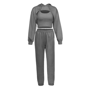 Ensemble de survêtement gris à capuche pour femme, manches longues, couleur unie, décontracté, respirant, coupe ample, pantalon long avec poches latérales, idéal pour l'automne - Product Image 2