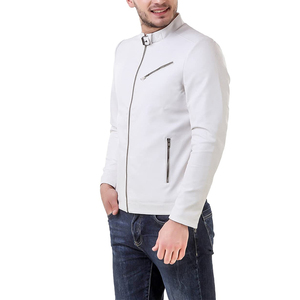 <b>Men's</b> <b>White</b> Genuine Leather <b>Jacket</b> - Slim Fit Stand Collar Biker Coat with Zipper Pockets - Product Image 4