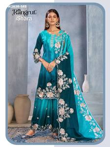Ensemble Kurti-Plazzo de qualité supérieure en Chinon avec broderie ombrée et florale, et dupatta assortie, fournisseur de Surat - Product Image 3