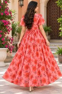 Vestido Largo Maxi de Verano para Mujer, Estampado Floral Naranja Coral, Cuello en V, Manga Corta, Elegante, para Fiesta - Product Image 4