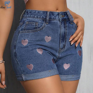Custom <b>Women's</b> Heart Embroidered Denim Shorts High Waist Blue <b>Jean</b> Shorts OEM ODM Wholesale Manufacturer - Product Image 2