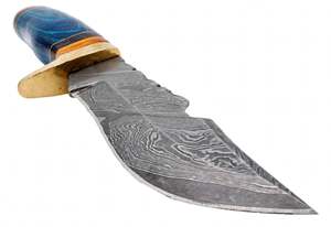 Cuchillo utilitario artesanal de hoja fija de acero de Damasco con mango de Pakkawood azul y guardacuchillo de latón, herramienta de campo DIY y OEM - Product Image 5