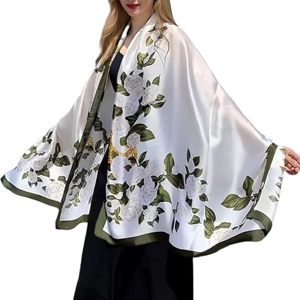 Écharpe cape de soirée légère en soie satinée imprimée roses blanches, motif floral Renaissance, exquise - Product Image 1