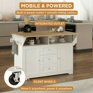 Large <b>Kitchen</b> Island with 2 Drop Leaf Rolling <b>Kitchen</b> Cart on 5 Wheels Power Outlet <b>Folding</b> Storage Dining <b>Table</b> for Spic - Product Image 4