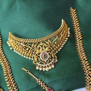 South Indian Bridal Wedding Jewelry Set-Gold Plated Zircon & Ruby Necklace and Earring Set - Product Image 2