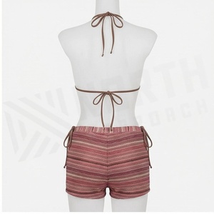 Ensemble bikini rayé à bretelles avec short à cordon de serrage, maillot de bain deux pièces pour femme, tenue de plage, logo Afrique du Nord sur le devant - Product Image 2