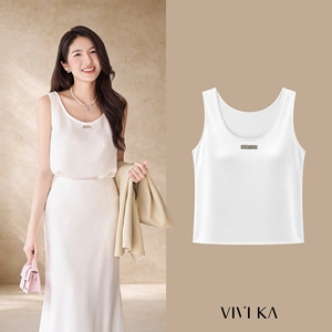 Débardeur en satin blanc sans manches pour femme, col rond, respirant, style décontracté d'été VIVI KA HELENA 100% polyester, plaque logo unie - Product Image 1