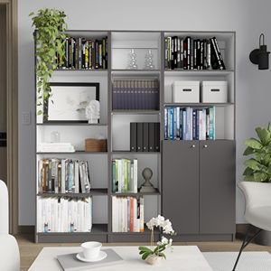 Set di Librerie Poston in 3 Pezzi, Grigio Opaco/Bianco, Larghezza 170 cm con 13 Ripiani e Armadio a 2 Ante per Soggiorno - Product Image 1