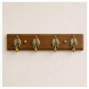 Perchero de pared decorativo de latón antiguo con forma de hoja, organizador multi-gancho con base de madera vintage para abrigos, llaves y toallas, colgador de pared. - Product Image 3