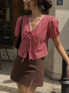Women <b>Red</b> Plaid V Neck Blouse Puff Sleeve <b>Top</b> With <b>Lace</b> Trim Tie Front Vintage Spring Summer Casual Fashion Wear - Product Image 1