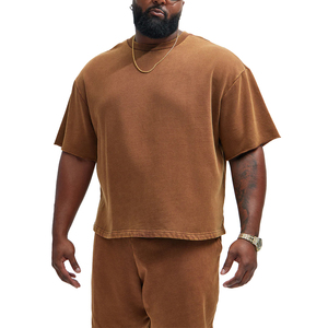 T-shirt en coton marron pour homme, tricoté, manches courtes, col rond, coupe ample, décontracté, couleur unie - Product Image 1