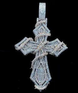 Pendentif Croix en Fil d'Argent Sterling Micro-Pavé avec Zircon Cubique Rond, Chaîne Corde Unisexe, Bijou Chrétien Tendance Hip-Hop pour Fête, Cadeau - Product Image 1