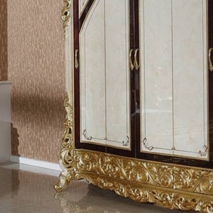 Armoire élégante en bois d'acajou de style baroque italien, grande armoire en bois sculpté à la main en or ivoire, meuble de chambre à coucher de luxe sur mesure - Product Image 4