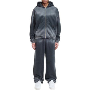 Premium Cotton Men’s Acid Wash <b>Zip</b>-<b>Up</b> Tracksuit Long Sleeve Losses Fit Solid Color Men Acid Wash Hoodie and Sweatpants Set - Product Image 1