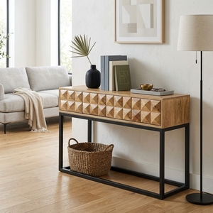 Dice Console Modern Industrial Solid Wood Entryway <b>Table</b> With 3D Geometric Carved Drawers And Black Metal Legs Living Room Decor - Product Image 2