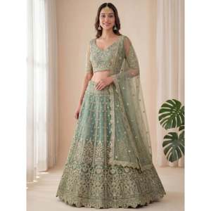 Girls Ethnic Embroidered <b>Green</b> Lehenga Choli in Soft <b>Net</b> with Customized Design - Product Image 4