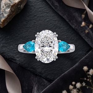 Anillo de Boda de Lujo con Tres Piedras, 5.6 Quilates, Ovalado, Azul Fantasía, con Diamante Cultivado en Laboratorio, Oro Blanco de 14K, Joyería Personalizada OEM - Product Image 1