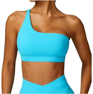 Women Seamless Knitted Sports Bra Blue Racerback Halter <b>Wire</b> Free Full Cup Sporty Workout Top Summer Breathable Machine Washable - Product Image 1