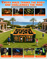 Labyrinthe d'aventure gonflable commercial avec 4 jeux interactifs, unité de jeu personnalisée orange et noire pour la location dans les parcs et les festivals