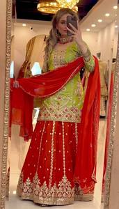 <b>Green</b> Embroidered <b>Silk</b> top plazzo With Red Lehenga Traditional Indian Pakistani Wedding Wear Women Floor Length Regular Fit - Product Image 3