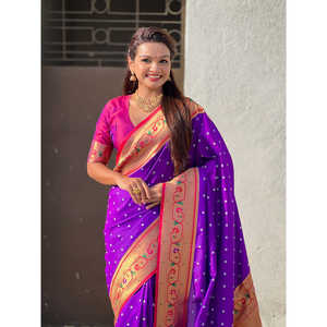 <b>Purple</b> Fusion Silk <b>Saree</b> with Zari Woven Bandhani Paithani Women's Set - Product Image 5