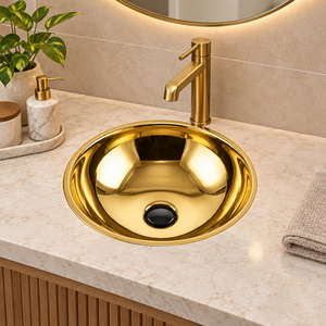 Lavabo sur comptoir moderne rond en laiton doré poli avec drain noir, vasque de luxe pour salle de bain, équipement sanitaire pour hôtel - Product Image 2