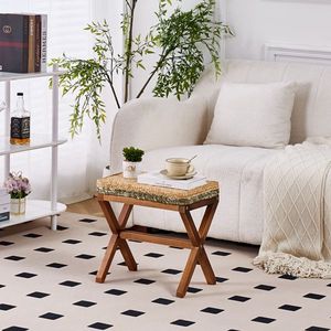 Natural Seagrass Rectangular Ottoman Footstool with Wooden Legs Hand-Woven Footrest for Living Room - Product Image 2