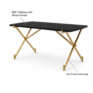 Table à manger rectangulaire moderne avec pieds en métal doré, design minimaliste, plateau en bois - Product Image 3