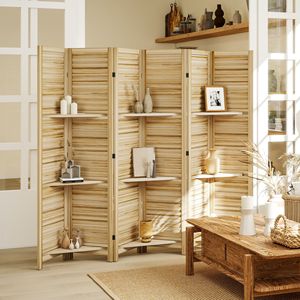 Divisorio per Stanza in Legno Naturale Alto 170 cm con 6 Pannelli, 3 Ripiani e Spazio Pieghevole per la Camera da Letto - Product Image 2
