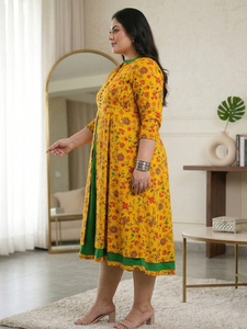 Conjuntos de Algodón Elástico con Estampado Floral para Mujer, Talla Grande, Vestido Anarkali de Maternidad, Mangas 3/4, Cuello Mandarín, Color Mostaza, Corte Acampanado - Product Image 4