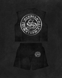 ชุดเสื้อกล้ามและกางเกงขาสั้นสีดำสำหรับผู้ชาย ลายพิมพ์ฟอยล์ตัวอักษร สไตล์สตรีทแฟชั่น ใส่ได้ในฤดูร้อน คอกลม ผ้าถักโพลีเอสเตอร์ - Product Image 3