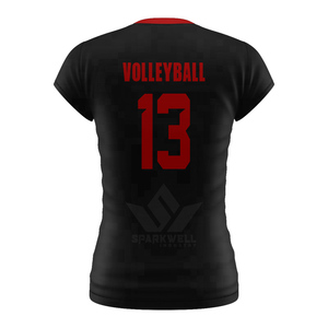 เสื้อวอลเลย์บอลสีดำสำหรับผู้หญิง พิมพ์ลายหมายเลข 13 สีแดง แบบซับลิเมชั่น แขนสั้น กระชับรูป ระบายเหงื่อได้ดี - Product Image 1