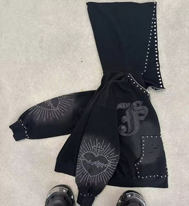 “Men’s Boxy Baggy Cropped Hoodie & Zip-Up <b>Jacket</b> – Acid Wash, Embroidery, <b>Rhinestone</b>, Sun-Faded Diamond Design - Product Image 2