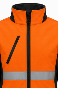 Veste de travail softshell orange haute visibilité avec bandes réfléchissantes, uniforme de sécurité industrielle, poches utilitaires, vêtements de protection pour l'extérieur - Product Image 5