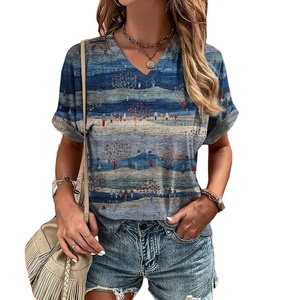 Nueva Camiseta extragrande de verano con cuello en V para mujer, camisetas de calle con estampado de estilo de mapa 3D, camisetas de manga corta a la moda - Product Image 1