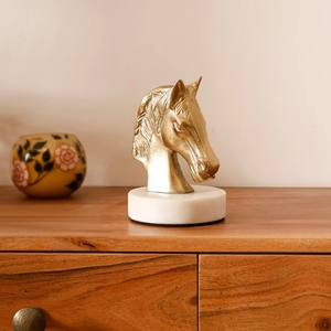 Luxury Metallic <b>Gold</b> Horse Head Bust <b>Statue</b> Sculpture Figurine on White Marble Pedestal Accent for Modern Living Room Decoration - Product Image 1