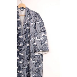 Best Selling Kantha Work Indian Handmade Summer/Spring V-neck Drawstring Closure Cotton Floral Short Kimono Robe Beachwear - Product Image 3