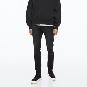 Jeans de Mezclilla Negros Desgastados de Corte Slim para Hombre, Pierna Recta, Algodón, Estilo Casual Otoñal, 100% Calidad - Product Image 1