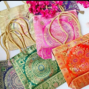Banarasi Silk Potli Bags for Women Zari <b>Work</b> Ethnic Wedding Party Wear Handcrafted Handbags with Elegant Gold Rope - Product Image 1
