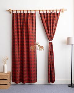 Rideaux de porte suspendus en coton imprimé à la main avec motifs floraux, design rouge et beige - Product Image 2